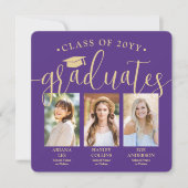 Invitation Triple Photos de Graduation Purple & Gold Joint Pa (Devant)