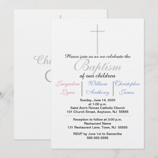 Invitation Triplés Bleu Rose de Baptême (Devant / Derrière)