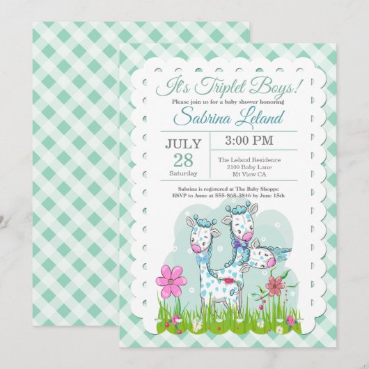 Invitation Triplet Boys Adorable Giraffes Baby shower (Devant / Derrière)