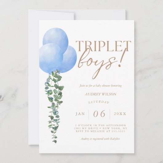 Invitation Triplet Boys Blue Balloon Baby Boys Douche (Devant)