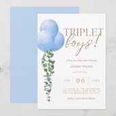 Invitation Triplet Boys Blue Balloon Baby Boys Douche (Devant / Derrière)