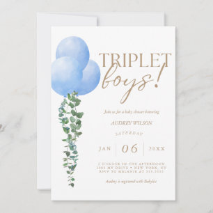 Invitation Triplet Boys Blue Balloon Baby Boys Douche