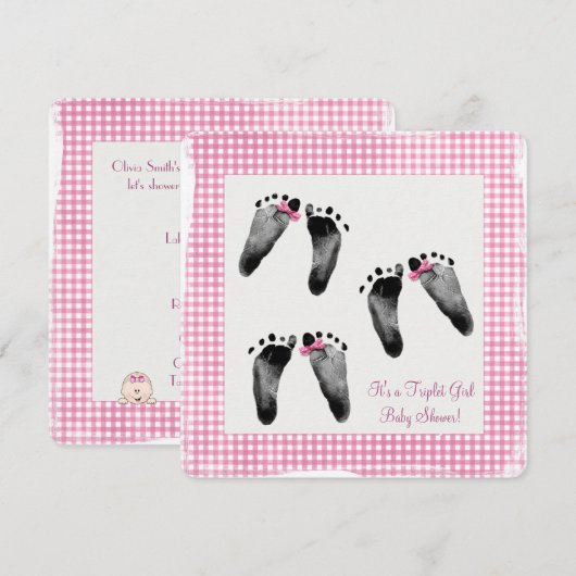 Invitation Triplet Girl Baby shower avec empreintes (Devant / Derrière)