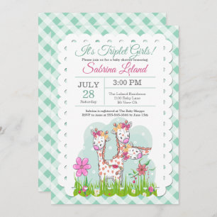 Invitation Triplet Girls Adorable Giraffes Baby shower