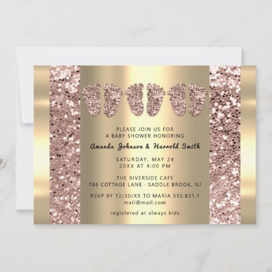 Invitation Triplets Baby shower Pieds Rose Parties scintillan (Devant)