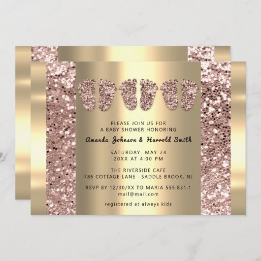 Invitation Triplets Baby shower Pieds Rose Parties scintillan (Devant / Derrière)
