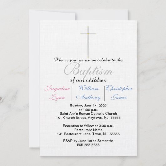 Invitation Triplets Baptême bleu rose (Devant)