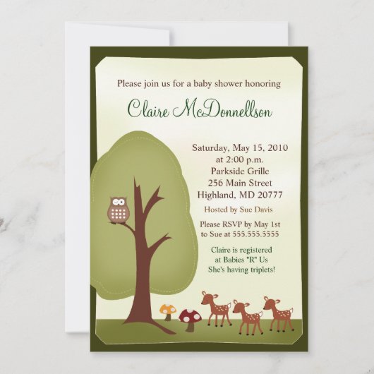 Invitation TRIPLETS Bébé Cerf Baby shower forestier forestier (Devant)