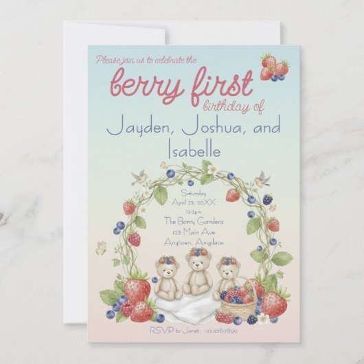 Invitation Triplets Berry First Birthday Party (Devant)