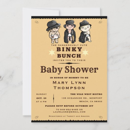 Invitation Triplets Cute Baby shower Occidental Binky Bunky (Devant)