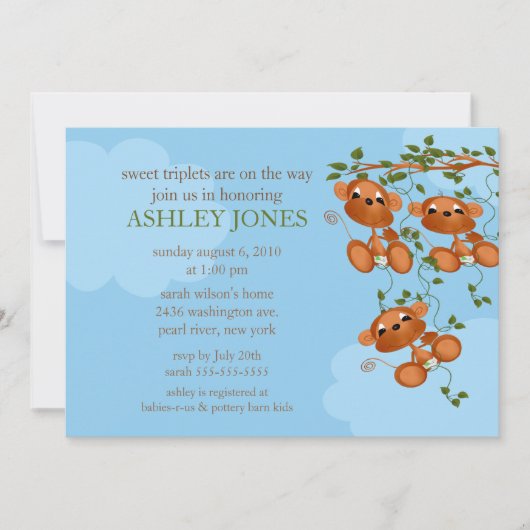 Invitation Triplets doux Baby shower de singe (Devant)