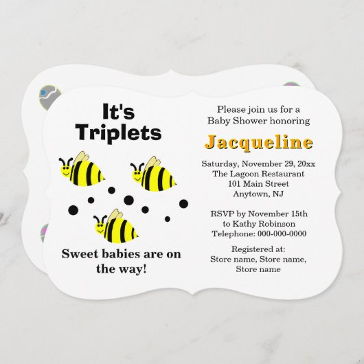 Invitation Triplets Jaune Bee Baby Rattles Baby shower (Devant / Derrière)