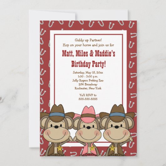 Invitation TRIPLETS Western Cowboy Monkeys 5x7 Anniversaire (Devant)