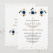 Invitation Triplettes garçons baptême floral bleu marine Or   (Devant / Derrière)