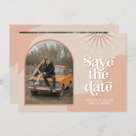 Invitation TRIXIE Blush Retro Arched Photo Enregistrer la dat (Devant / Derrière)