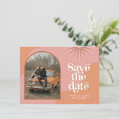 Invitation TRIXIE Retro Arched Photo Boho Enregistrer la date (Debout devant)