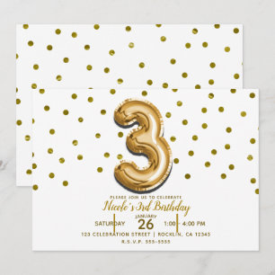 Invitation Trois ballons confettis dorés 3 Troisième annivers