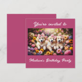 Invitation Trois chiots Golden Retriever avec des fleurs (Devant / Derrière)