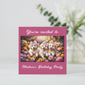 Invitation Trois chiots Golden Retriever avec des fleurs (Debout devant)