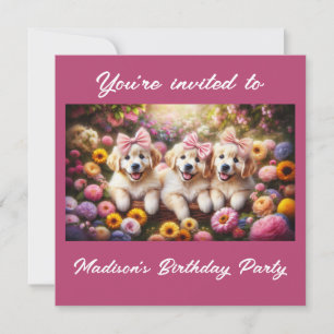 Invitation Trois chiots Golden Retriever avec des fleurs