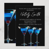 Invitation Trois cocktails bleus avec cerise sur fond noir (Devant / Derrière)