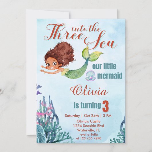Invitation Trois dans la mer Sirène Thème 3ème anniversaire (Devant)