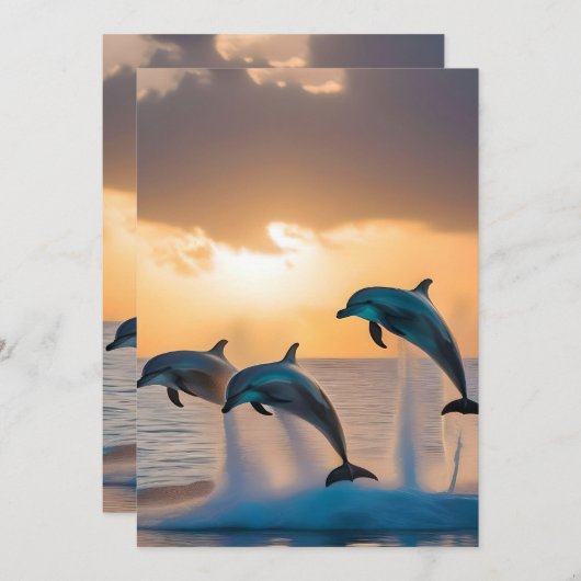 Invitation Trois Dauphins Tournant Au Coucher Du Soleil, (Devant / Derrière)