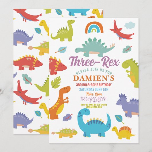 Invitation Trois dinosaures Rex Garçons mignons Fête  (Devant / Derrière)
