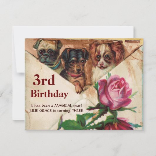 Invitation TROIS DOGGIES AVEC ROSES, 3e Parchemin d'anniversa (Devant)
