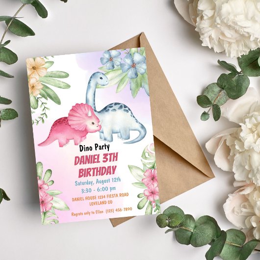 Invitation Trois enfants Rex Dinosaur 3e fête d'anniversaire