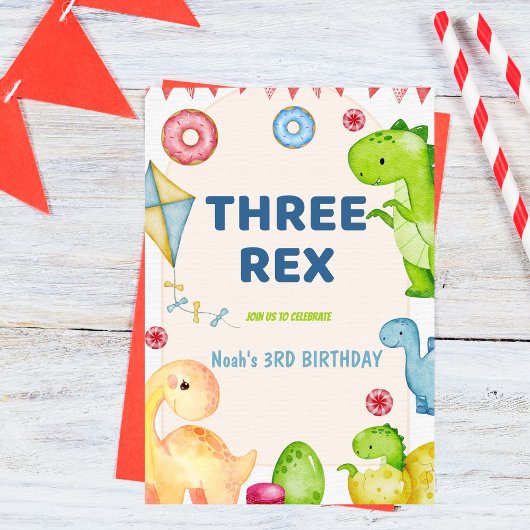 Invitation Trois enfants Rex Dinosaur 3e fête d'anniversaire
