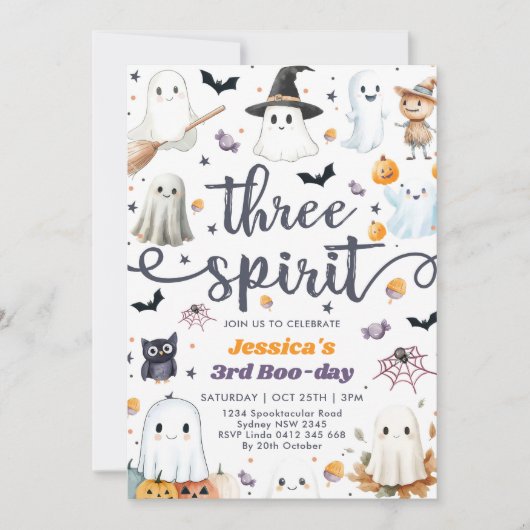 Invitation Trois Esprit mignon Halloween Fantôme 3e anniversa (Devant)