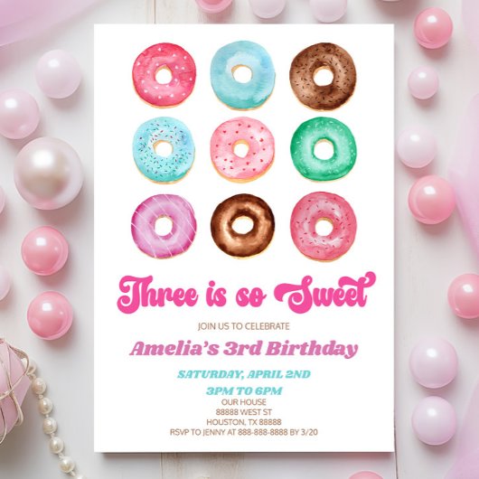 Invitation Trois est si doux Donut 3e fête d'anniversaire