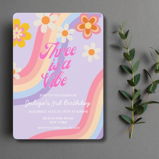 Invitation Trois est une vibe Retro Rainbow 3ème anniversaire