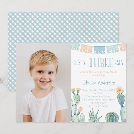 Invitation Trois ESTA 3e fête d'anniversaire Fiesta Photo (Devant / Derrière)