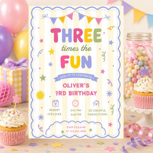 Invitation Trois fois plus de plaisir Anniversaire coloré gar