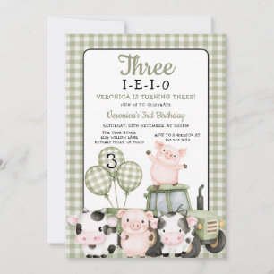 Invitation Trois-I-E-I-O Anniversaire Vert Sauge animal de fe