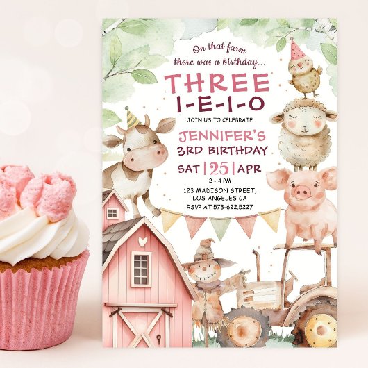 Invitation TROIS-I-E-I-O Pink Girl Farm 3e anniversaire