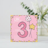 Invitation Trois - Joli rose et jaune enfant 3e anniversaire (Debout devant)