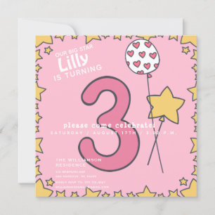 Invitation Trois - Joli rose et jaune enfant 3e anniversaire