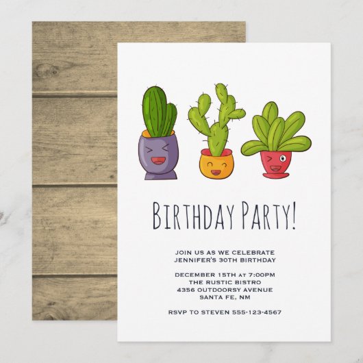 Invitation Trois jolies illustrations de cactus pour une fête (Devant / Derrière)