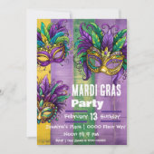 Invitation Trois Masques Mardi Gras En Vert Or Violet (Devant)