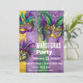 Invitation Trois Masques Mardi Gras En Vert Or Violet (Debout devant)