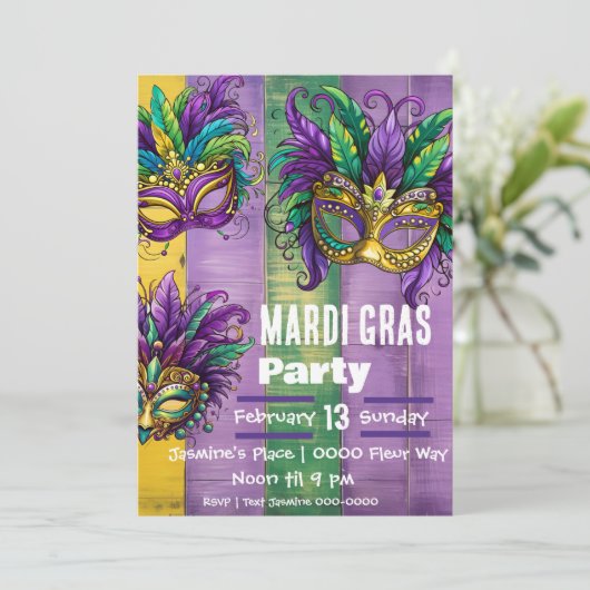 Invitation Trois Masques Mardi Gras En Vert Or Violet (Debout devant)