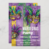 Invitation Trois Masques Mardi Gras En Vert Or Violet (Devant / Derrière)