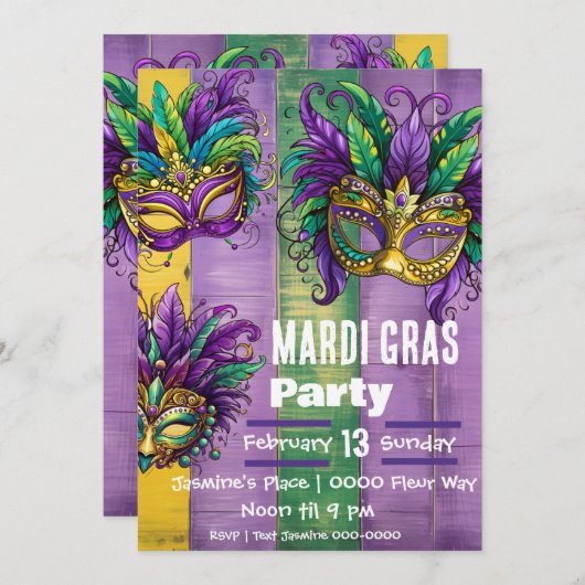 Invitation Trois Masques Mardi Gras En Vert Or Violet (Devant / Derrière)