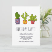 Invitation Trois mignons Cactus Illustration Anniversaire (Debout devant)