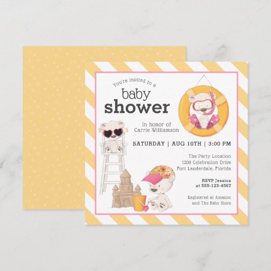 Invitation Trois ours au Baby shower de plage pour fille (Devant / Derrière)