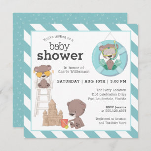 Invitation Trois ours au Baby shower de plage pour garçon