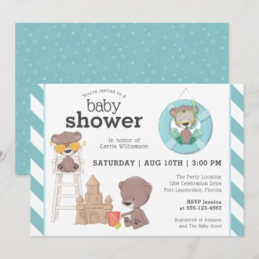 Invitation Trois ours sur le Baby shower de Beach Boy (Devant / Derrière)